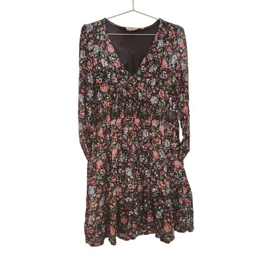 Fat Face Floral Mini Dress Womens 12 Black Multi Smocked Boho Metallic Pockets